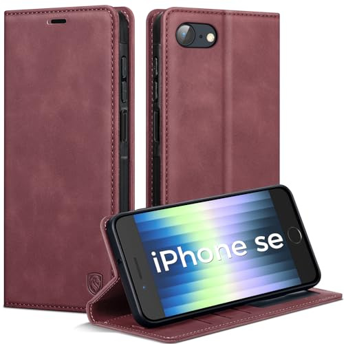 AIMOYU Handyhülle für iPhone SE 2022/SE 2020/iPhone 8/iPhone 7 Hülle, Premium Lederhülle Flip Case Magnet Tascher Kartenfach Standfunktion Klapphülle Schutzhülle für iPhone SE-Hülle, Weinrot