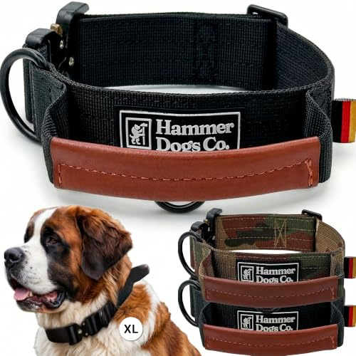 Hammer Dogs Heavy Control - Collar Perro Grande y Mediano, Collar Táctico Perro con Asa de Cuero, Hebilla Metálica Resistente y Nailon Reforzado, Ajustable para Paseo y Entrenamiento (Negro, XL)