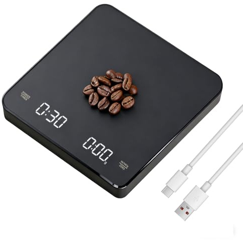 Kaffeewaage mit Timer, 3kg/0.1g Wiederaufladbare Digitale Küchenwaage, Tragbar mit LED-Anzeige & Auto-Aus Funktion für Kaffee/Zucker/Backwaren