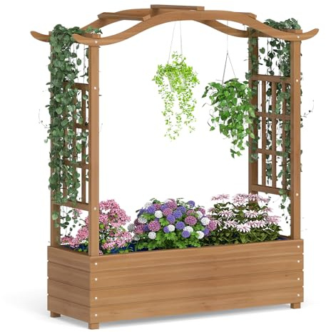 GOPLUS Jardinière sur Pieds avec Treillis Latéral en Bois, 100x36x124 CM, Lit de Jardin Surélevé avec Trous de Drainage, Toit Arché Large, pour Plantes Grimpantes, Légumes, Fleurs, Bac pour Jardin