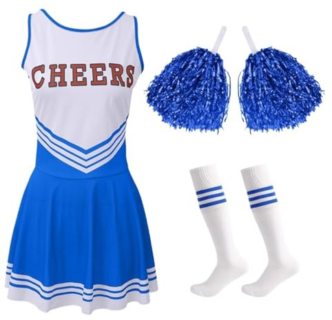 WSQHAO Cheerleading kostym för gymnasiet, bokstavstryck balett pompom-uniform, strumpa, festklänning, karneval, halloween för kvinnor (blå, M)