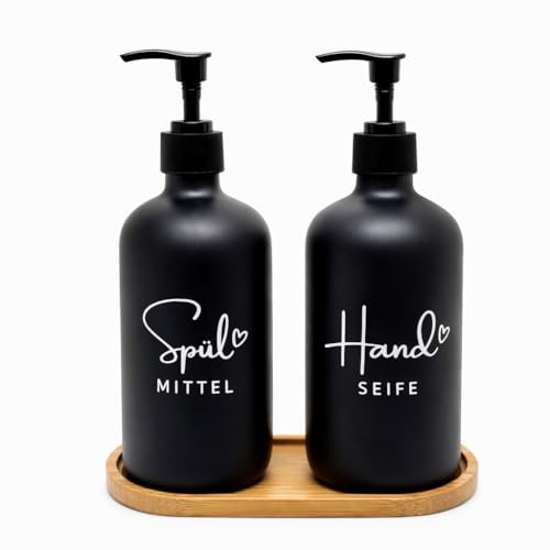 BoBoU Seifenspender Glas 2er Set Schwarz 500 ml – Handseife & Spülmittel mit Deutscher Handschrift-Beschriftung und Herzlogo, Kunststoff Pumpkopf, inklusive Bambustablett, nachfüllbar, Küche & Bad