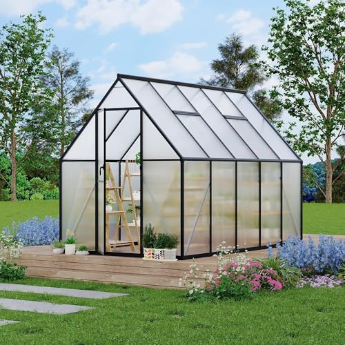 Garvee Serre de Jardin 6x9 Pieds en Aluminium Robuste avec Panneaux Polycarbonate – Porte verrouillable, Lucarne de Toit réglable, Espace intérieur généreux, Montage Rapide – Couleur : Noire