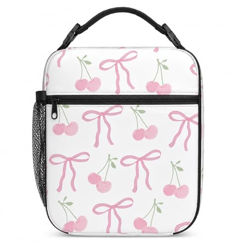 Cunegra Insulated Lunch Bag for Women Girls, Cute Pink Cherry Bow Lunch Bag, Leakproof Thermal Cooler Bags, Portable Reusable Lunchbox for School Office Travel Picnic