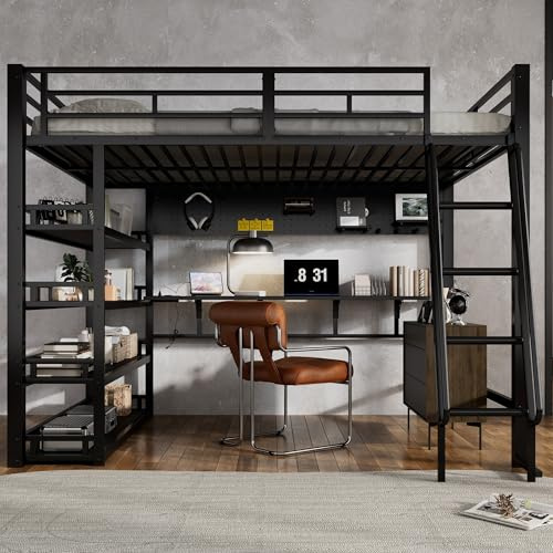 Goldicoo Cama alta de 140 x 200 cm con estantes, puerto de carga, deslizador inclinado de cuatro niveles, sistema colgante, hierro + tablero de partículas, color negro