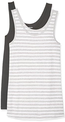 Amazon Essentials Women's Linne smal passform, Pack of 2, Grå ljung Rand/Kolsvart, M