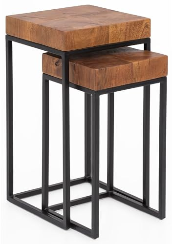 FineBuy Satztisch 2er Set Sheesham Massivholz Metall Braun | Beistelltische im Industrial Design, Couchtisch Set aus Echtholz, handgefertigte Unikate, ineinander schiebbar