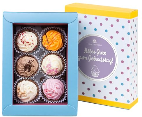 CHOCOLISSIMO - Schokolade Geschenk Geburtstag - Pralinen Geschenk - mit Alkohol - 6 handgemachte Cupcakes Pralinen - Kleines Geschenk für Frauen, Männer, Papa, Mama, Partner, beste Freundin