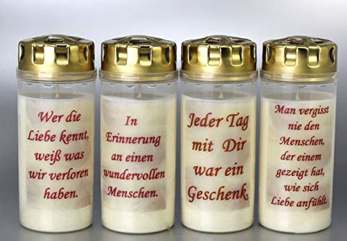 4 Grablichter, Grabkerzen, 4er Set- 16x6 cm - 3921 - ca. 4 Tage Brenndauer je Grablicht – Trauerkerze mit Spruch - Motivkerze - Gedenkkerze