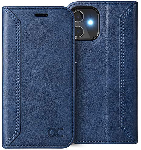 OCASE Hülle für iPhone 12 Mini Handyhülle Tasche Retro Blau | Premium PU Leder Standfunktion Kartenfach Magnetverschluss Lederhülle Klapphülle Etui RFID Schutzhülle Case