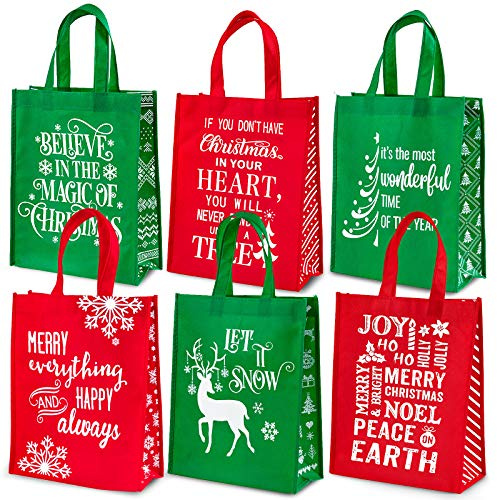 Whaline Christmas Non-Woven Gift Bags Christmas Tote Bags with Handles Red Green Snowflakes Xmas Tree Grocery Bags Reusable Party Treat Goodie Bag for Holiday Party Favors, 12.2 x 9.8 x 4.5, 6 Pack