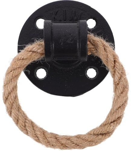 Ringgriff Vintage mit Hanfseil - Rustikaler Schubladengriff aus Eisen Schwarz, Antiker Möbelgriff Drop Pull für Schrank, Kommode, Landhaus-Stil Deko 8 x 6,5 cm