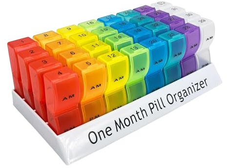 Tablettenbox Monat,Tablettenbox 1 Monat,Tablettenbox 31 Tage 2 Fächer,Medikamentenbox für 1 Monat Morgens Abends,Pillendose für Pillen/Vitamine/Fischöl/Kapsel,BPA-Frei,Tragbar,Leicht zu Reinigen
