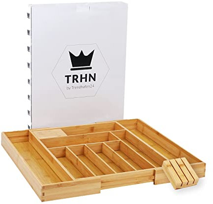 TRHN24 By Trendhafen24 Bambus Besteckkasten für Schubladen (7-9 Fächer) verstellbarer Schubladeneinsatz - Schubladen Ordnungssystem inkl. Messerblock