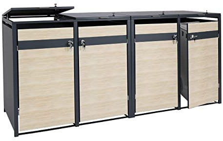 Set 4x copribidoni box spazzatura rifiuti HWC-J82 80x264x117cm acciaio inox antracite faggio