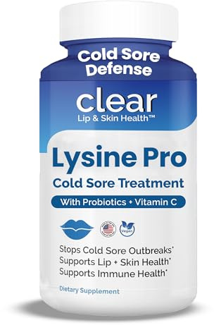 Clear Probiotics Lysine Cold Sore Treatment for Lips – with Lactobacillus Rhamnosus, Acidophilus and Vitamin C – Cold Sore Supplement for Lip & Skin Health, Immune Support & Prevention – 360 Capsules