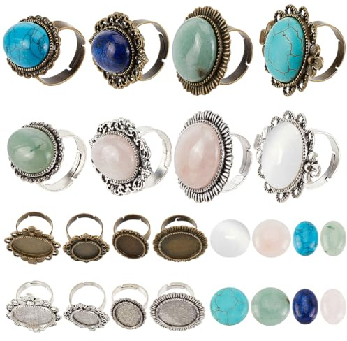 SUNNYCLUE 16Pcs Fai Da Te 8 set Anelli con Castoni Grezzi Pietre Naturali Cabochon Stile Antico Anello Regolabile per Dito Vuoto Componesnts Pietre Preziose Anelli Kit per La Creazione di Cabochon Pia