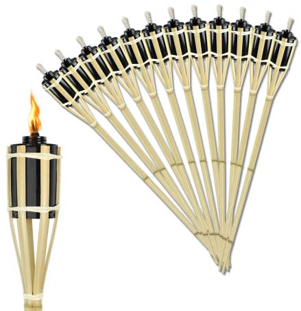 SUBTLETY Set di 12 Torce da Giardino per Esterni Fiaccole in Bambù con Stoppino Combustibile e Serbatoi in Metallo per Olio Lampada a Olio Sentiero per Feste Luci da Sentiero Decorazioni (Ø5,5x90cm)
