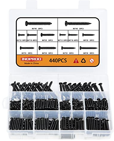 Indprod 440 pcs M3 M4 M5 Wood Screws Assortment Kit,High Hardness Carbon Steel Self-Tapping Screws,Pan Round Head & Flat Head,Phillips Drive Countersunk Head Screws Set Kit,Black Oxide,Full Thread