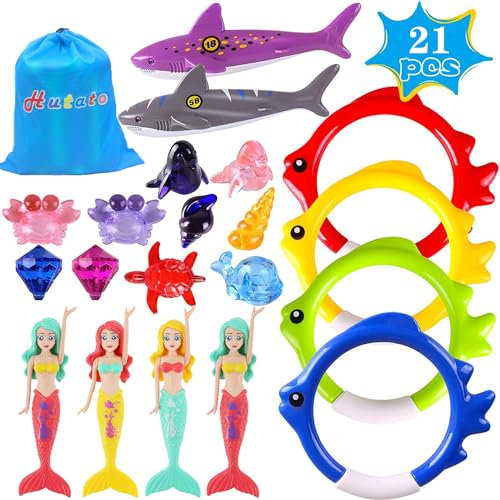 Hutato 21 PCS Swimming Diving Pool Toys for Kids - Fun Swim Games Sinking Set, Underwater Dive Gifts with Storage Bag Include Torpedo Gems Shark Rings Sea Animals for Boys Girls Adults