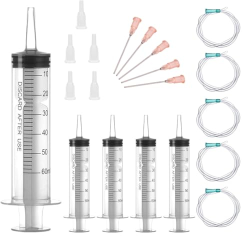 5 Stück Spritzen 60 ml/cc mit Schläuchen und stumpfen Nadeln, Wiederverwendbar, Einzeln Verpackung, Steril, Messflüssigkeiten, Pflanzenbewässerung, Tierfütterung, Wissenschaftliche Labors, Industrie