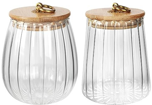 Yiter 2-Packs Glass Storage Jar, 700ml 24oz Clear Storage Canisters with Lids for Tea Coffee Nuts, Striped Glass Jars with Metal Handle for Kitchen, Pantry (Conical+Oval)