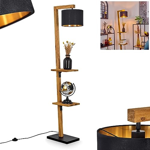 Lampadaire Baval, lampadaire en métal/bois/tissu noir/naturel/doré, avec abat-jour réglable, interrupteur à pied, tablettes, hauteur 164 cm, 1x E27, ampoule(s) non incluse(s)
