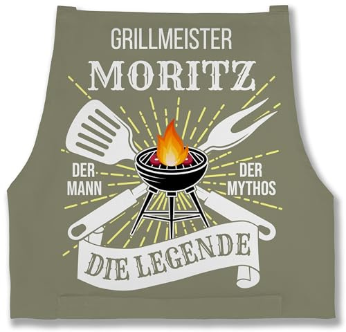 Schürze - Grillschürze Herren Männer - Grillmeister Der Mann Der Mythos Die Legende mit Name - Lustiges Geschenk Grillen Papa Vatertag Geburtstag - 85x69 - Sage Grün - für grillzubehör