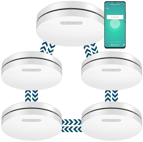 Aroha Smart Connect & Link Interlinked Smart Smoke Alarm with WiFi - 10 Years Battery - Fire Alarm with Tuya & Smartlife - Smoke Detector - Multipack 5 set