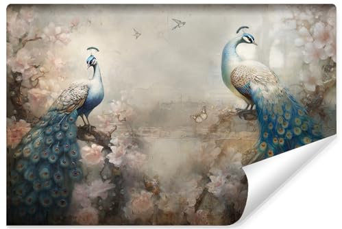 Muralo - Fototapete 3D Effekt - Selbstklebende Tapete 3D - Tapeten für Wohnzimmer Schlafzimmer - Fototapete selbstklebend - Blaue Pfaue, Blumen Motiv - Br.460cm x Hö.300cm