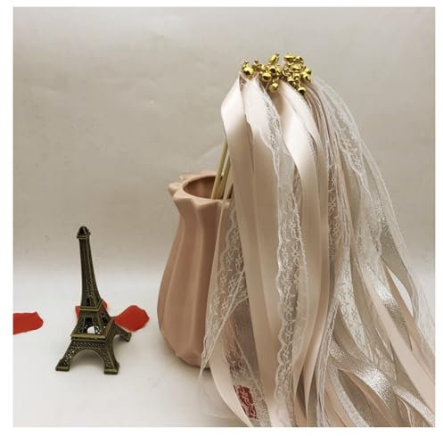 Hrlace 10 Stück Wedding Wands Ribbon Zauberstäbe Hochzeit Luftschlangen mit Glocken Spitzenfeenstab Seidenfeenstab für Hochzeit Weihnachten Geburtstag Baby Party Urlaub Feiern Beige 10 Stück