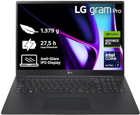 LG gram Pro 17 Zoll Laptop mit Windows 11 Home Pro Intel Core Ultra 7 Prozessor 32GB LPDDR5x RAM 2TB Dual SSD 17Z90SP-E.AP7BG - Schwarz