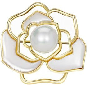 Spilla cava camelia perla fiore risvolto pin corpetto fiore bianco fiore di sicurezza pin per sciarpa abito banchetto matrimonio festa di compleanno regali per donne ragazze, Metallo