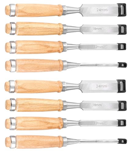 UNGFEI 8 Pieces Wood Chisel Sets, Heavy Duty Carpenters Chisels Set with Wooden Handles, Chrome Vanadium Steel Chisels for Woodworking, 6mm, 12mm, 18mm, 24mm