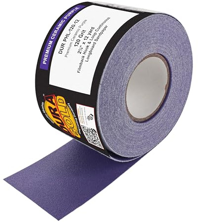 Dura-Gold Premium 120 Grit Purple Film Ceramic Longboard Sandpaper, 2-3/4 Wide Continuous 12 Yard Roll - Hook & Loop Backing for Auto & Woodworking Air File Long Board Sanders, Hand Sanding Blocks