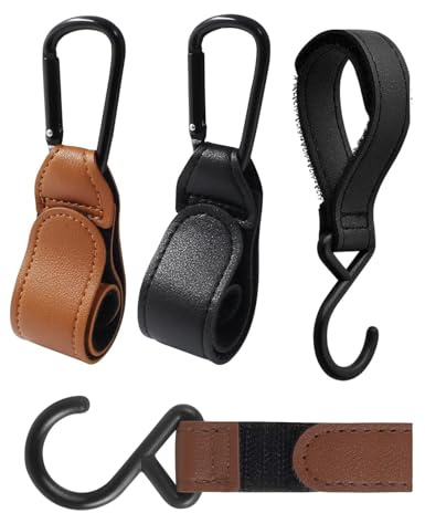 JEXOWIQ Kinderwagen Haken für Taschen,4 pcs Leder karabiner Kinderwagen Haken,Kinderwagen Zubehör,Buggy-Clips Träger Kinderwagen Haken für EinkaufsTaschen Windel Taschen und Handtaschen
