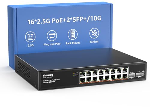 Switch PoE 2,5G à 18 Ports YuanLey Non Géré, 16 Ports PoE Base-T 2,5G, 2 x 10G SFP+, IEEE802.3af/at, 250W, Compatible avec 100/1000/2500Mbps, Montage sur Bureau / Rack Switch Réseau 2,5Gbe