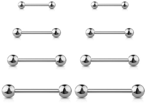 Jewel Barrel 8pcs Tongue Bars & Straight Barbells | 14G (1.6mm) Piercing Jewellery for Tongue, Nipple, and Body Piercings | 10mm, 12mm, 14mm, 16mm Length with 3/4/5/ 6mm Ball Ends (Silver)