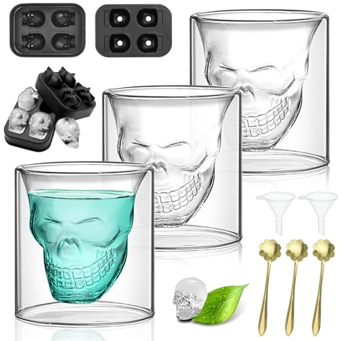 BITEFU 3 Stk Totenkopf Gläser Doppelwandige Verbrühungs Frostschutz | mit 2 Stk 3D Skull Eiswürfelformen, 3 Stk Löffel, 2 Stk Trichter für Whisky, Cocktails und Drinks einsetzbar