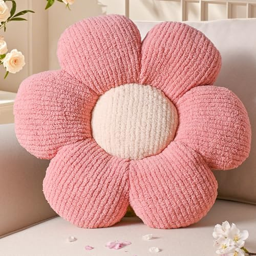Yhoelata Valentinstag Blumenkissen, Rosa Blumengestalt Zierkissen, Plüsch Bodenkissen für Sofa & Bett Kinderzimmer, Mädchen Dekoratives Gänseblümchen Design Wohnkissen 50cm