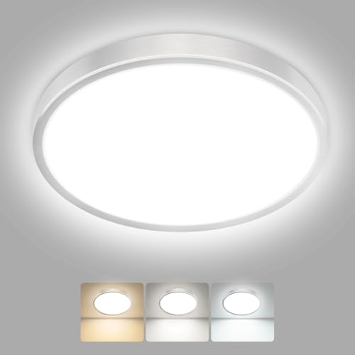 hepside LED Ceiling Light,3000K/4000K/6500K 3 Color Temperature, Waterproof IP54 LED Ceiling Lamp, Modern,Round Flush Ceiling Light for Bathroom,Bedroom, Kitchen, HallwayØ22CM(Brushed Nickel)