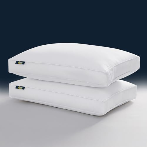 Serta Hotel Collection Pillows King Size Set of 2 White Goose Feather Down Fiber Gusseted 100% Cotton Pillow for Back, Stomach or Side Sleepers