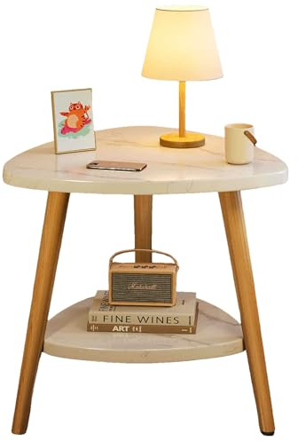 lcvtos Mesa Auxiliar Triangular de 2 Niveles, Mesa Pequeña de Madera y Metal con Estante para Salón, Dormitorio, Oficina, 50 x 50 cm (Mármol Blanco)