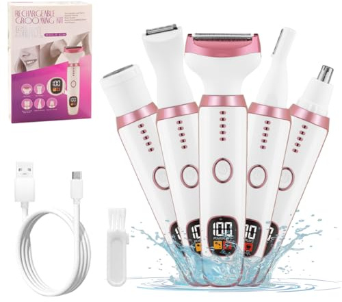 Electric Razors for Women, 5 in 1 Painless Ladies Wet & Dry Body Razors and Facial Hair Remover, Rechargeble Facial and Body Hair Remover for Face Nose Eyebrow Arms Armpit Legs Pubic Area（White）