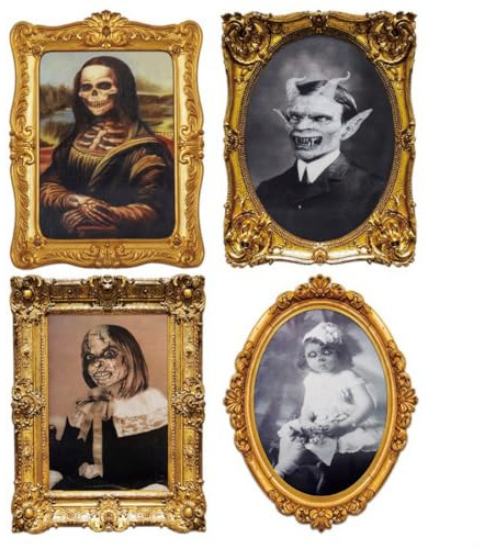 KEQAR Lot de 4 Cadres 3D à Visage Changeant pour Halloween - Décoration Murale Effrayante pour Fête, Château, Maison Hantée, Intérieur (33 x 25 cm)
