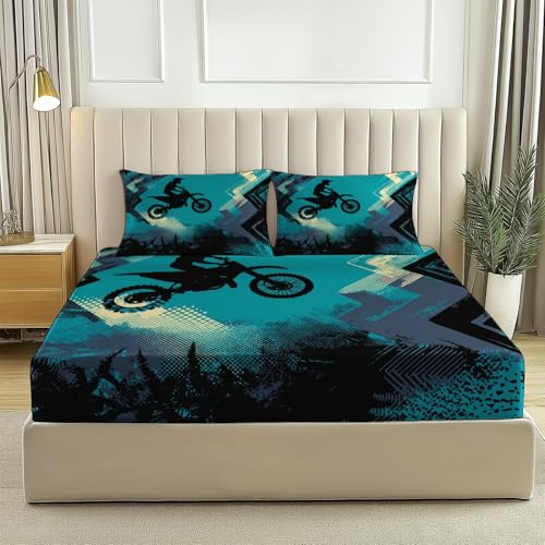 Completo letto Matrimoniale con lenzuolo sopra morbido e confortevole (200x200x30 cm) e 2 federa, motivo Motocicletta Gara, in microfibra spazzolata senza rughe, Blu