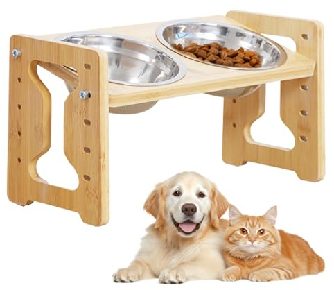 GOMETY Gamelle surélevée pour chien avec support, gamelle surélevée antidérapante, réglable en hauteur sur 5 hauteurs réglables, inclinaison de 15°, mangeoire avec 2 gamelles en acier inoxydable pour