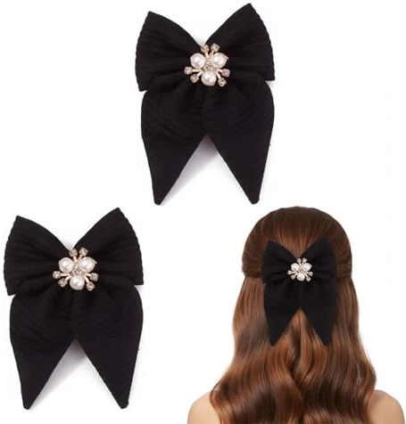 Black Velvet Ribbon Hair Bows with Pearl Rhinestone Centre - Large Fabric Hair Clips for Women and Girls, Classic Ponytail Side Updo Styling Barrettes Accessories, Set of Two
