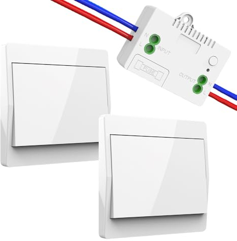 Funk-Lichtschalter 230V Set, 2er Funkschalter Keine Batterien Erforderlich, Wasserdichter Wandschalter, Steuern Sie Ihre Lampe bis zu 200 m Fern (1 Empfänger und 2 Schalttafel)
