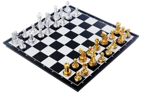 Tragbares magnetisches Faltschachset, wasserdichtes Design mit hochwertigen Magneten for Kinder und Erwachsene, interaktives Reisespiel(Gold+Silver)